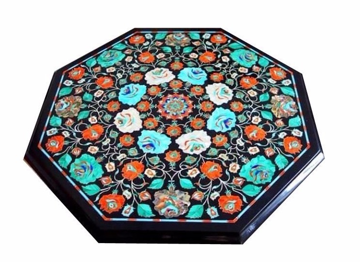 18-Inch Marble Coffee Table with Semi-Precious Stone Mosaic Inlay Handicraft
