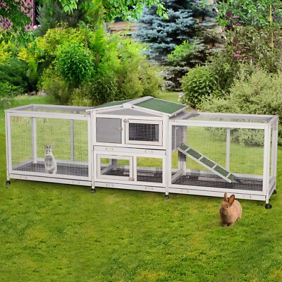 94.5'' Rabbit Hutch Bunny Cage Two Run Cage Outdoor Wooden Small Animal House