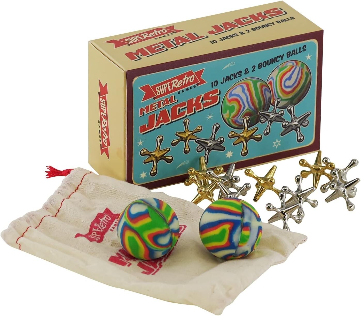 Classic Jacks Kids Retro Traditional Metal Game with 10 Jacks and 2 Bouncy Balls