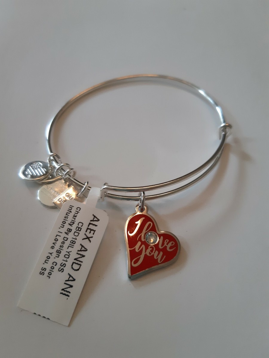 Alex and Ani RED HEART I Love You Shiny Silver Bangle New W/ Tag Card