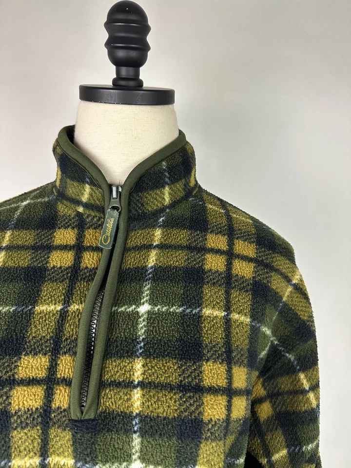 Vintage Fleece Pullover Womens Small 1/4 Zip Olive Green Plaid Mustard 90s - Image 3 of 4