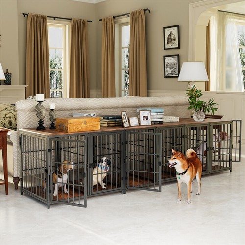 New 4 Door Dog Crate Sturdy Wooden Pet Cage Side Table Bold Metal Tube Kennel XL - Picture 4 of 15