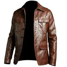 Real Leather Brown Men's Vintage Style Fashion Blazer Military Style Coat