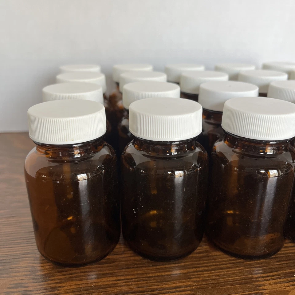 20 2oz Brown Amber Glass Pill Bottles Small Jars Round White Plastic Lids 3" - Image 3 of 4