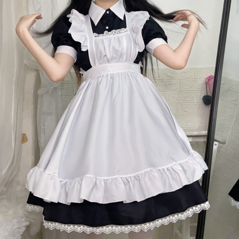 Lady Lolita Maid Outfit Apron Dress Uniform Ruffle Lace Trim Cosplay ...