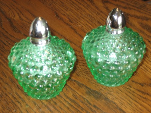 Vintage Glass Pale Green Hobnail Round Salt & Pepper Shakers