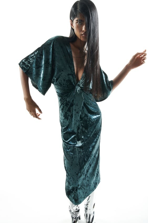 BNWT ZARA Blue Velvet Midi Dress Size L | eBay UK