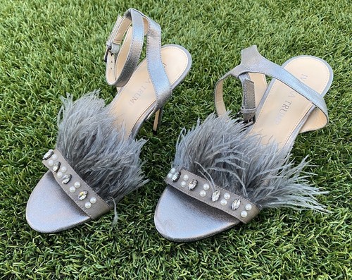 Ostrich Feather High Heels IVANKA TRUMP KASIE Pewter Multy Suede Jeweled Size 8M - Picture 3 of 10