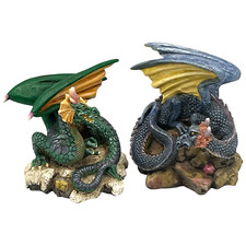 2 1998 W.U.I. Summit Collection Resin Dragon Figurines 3 3/4" Blue and Green