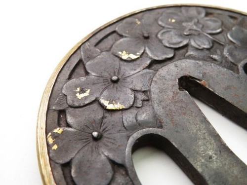 Edo period Japan antique iron flower Tsuba silver rim Box sword katana blade - Picture 6 of 10