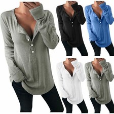 T Shirt Button V Neck Womens Blouse UK Casual Long Sleeve Pullover Tops Ladies