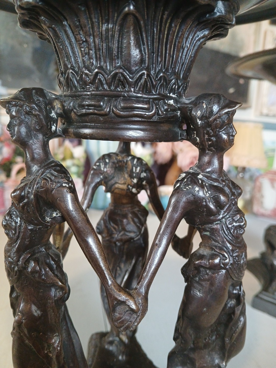 Vintage Bronze Tazza Centerpiece Dish w/ 3 Figural Art Deco Nouveau Women 14”