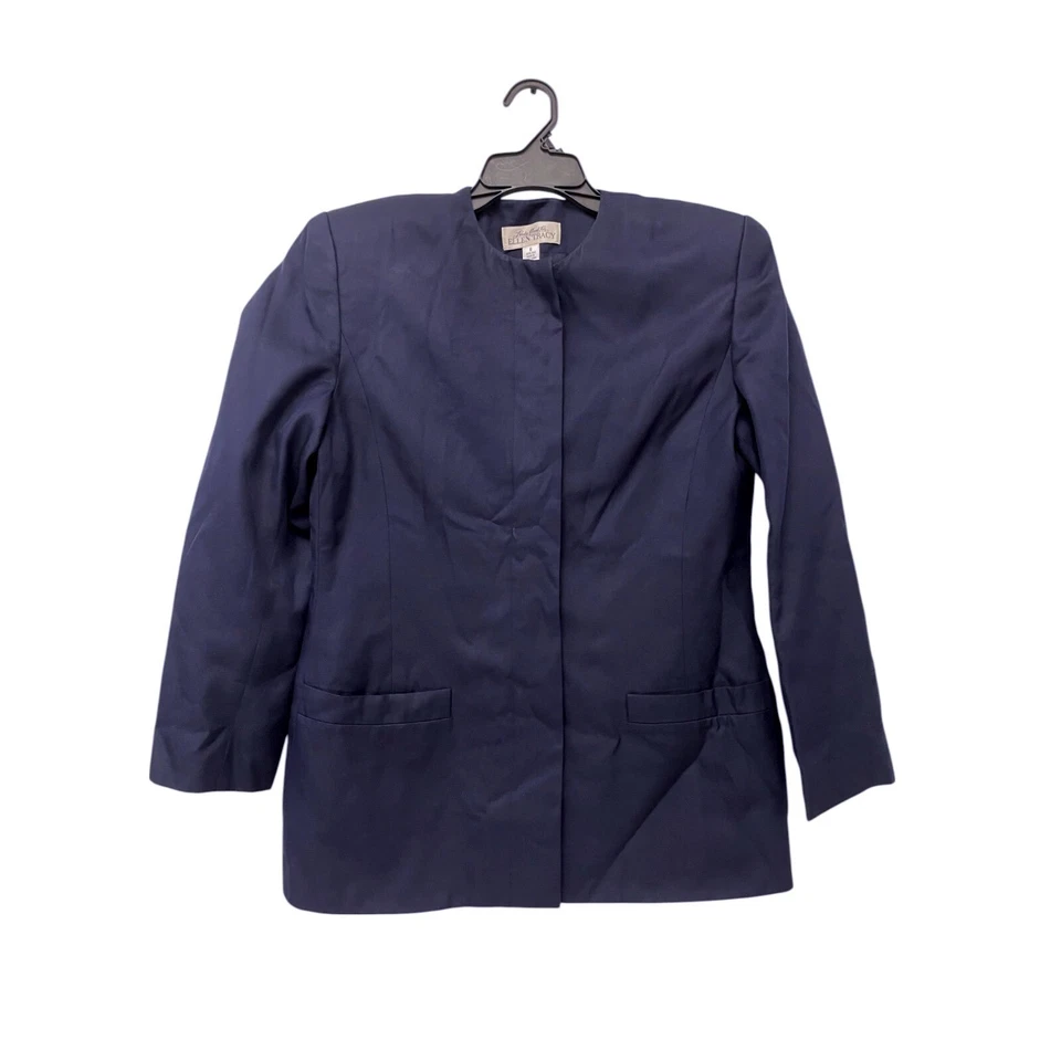 Ellen Tracy Womens Navy Silk Vintage Blazer & Pencil Skirt Suit Set Size 6 - Image 4 of 4