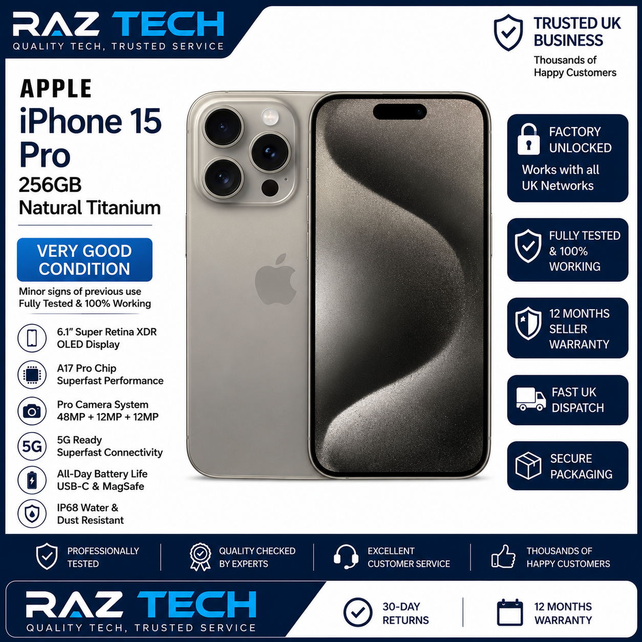 Apple iPhone 15 Pro 256GB Natural Titanium – Unlocked – Very Good Condition