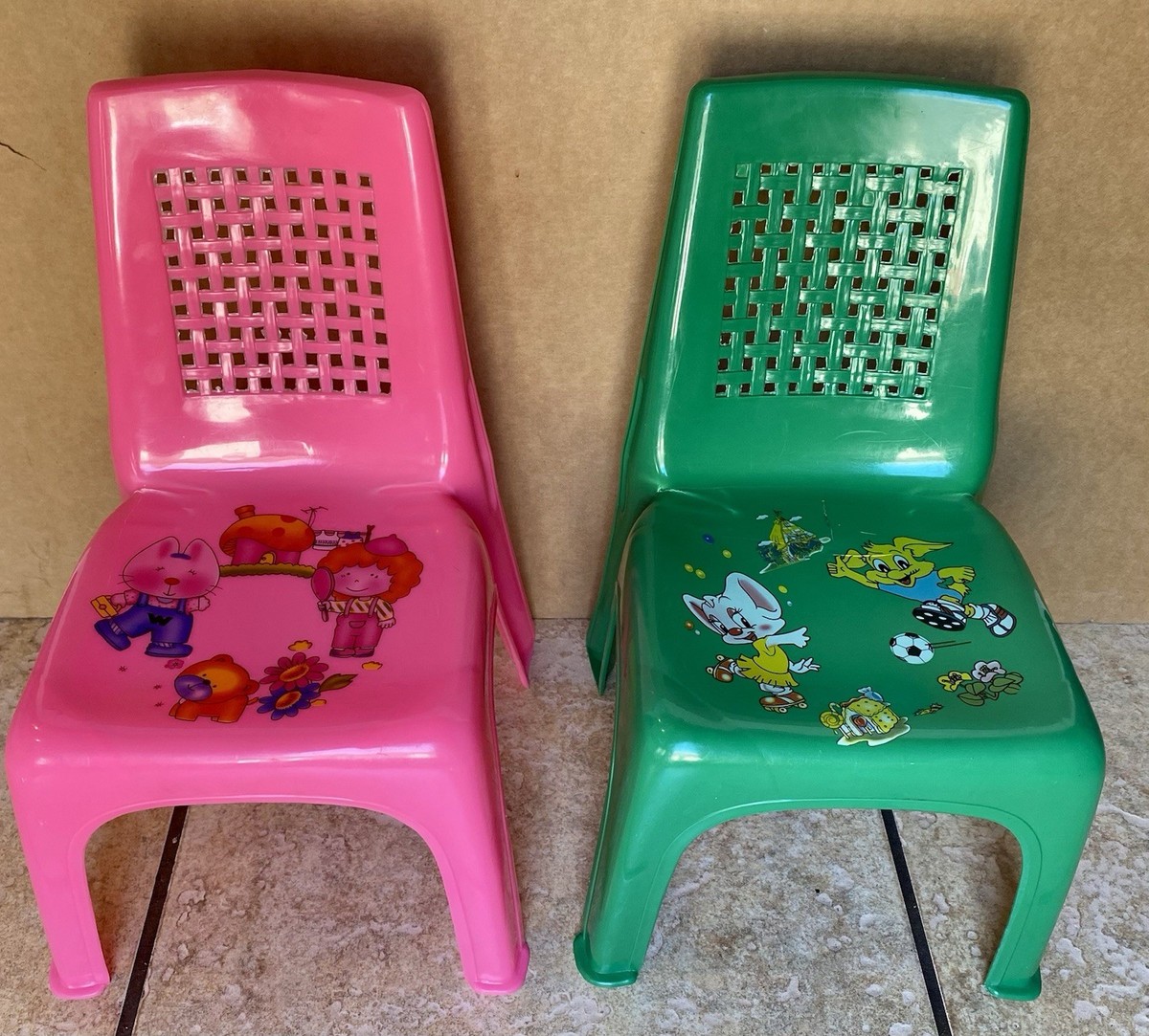 Vintage Harlin Pink & Green Cartoon Anime Kids Child Plastic Chair 