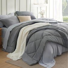 Queen Comforter Set - 7 Pieces Reversible Grey Bedding, Queen Size Bed Set for A