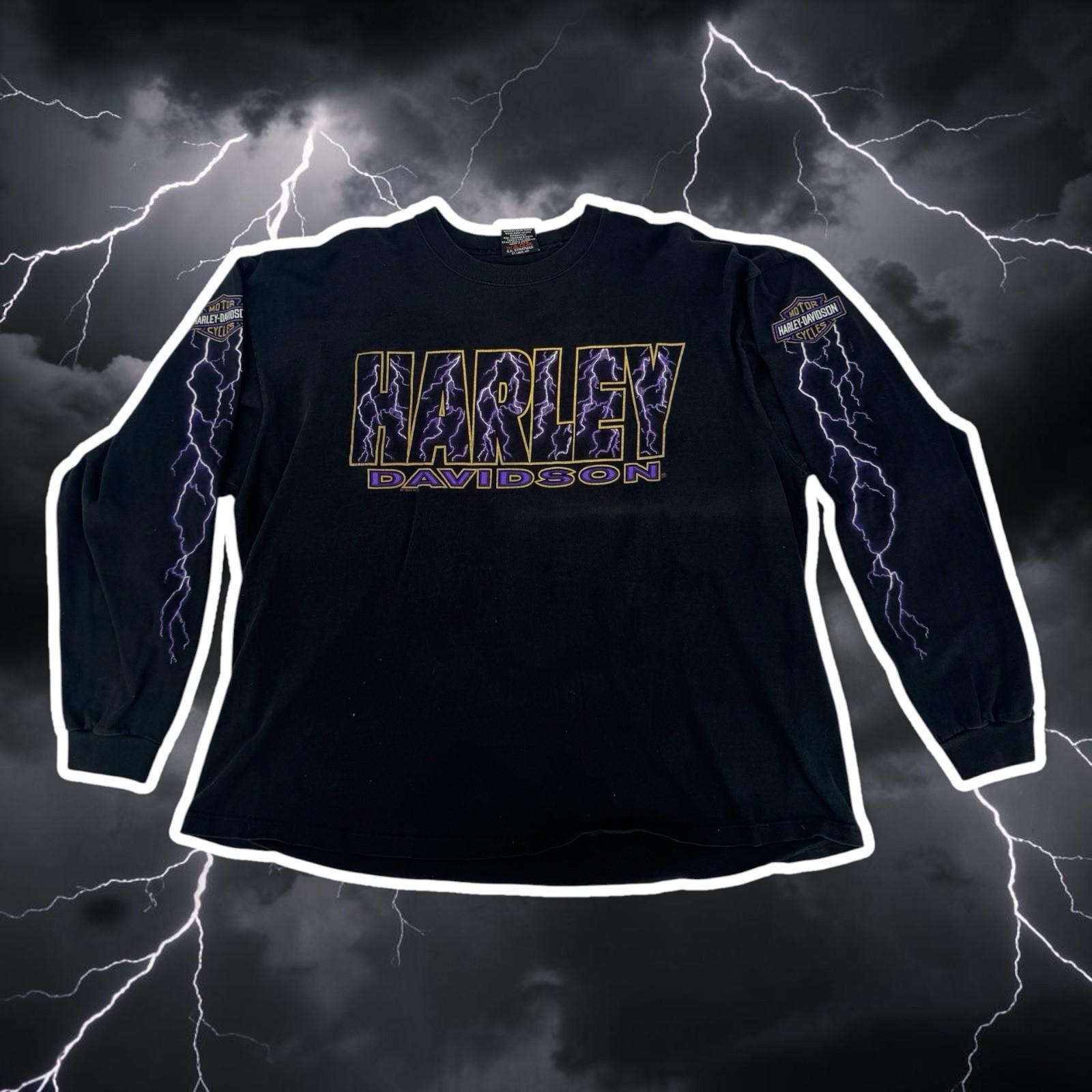 Vintage 1995 Harley Davidson Purple Lightning Long Sleeve T Shirt 2XL Black USA