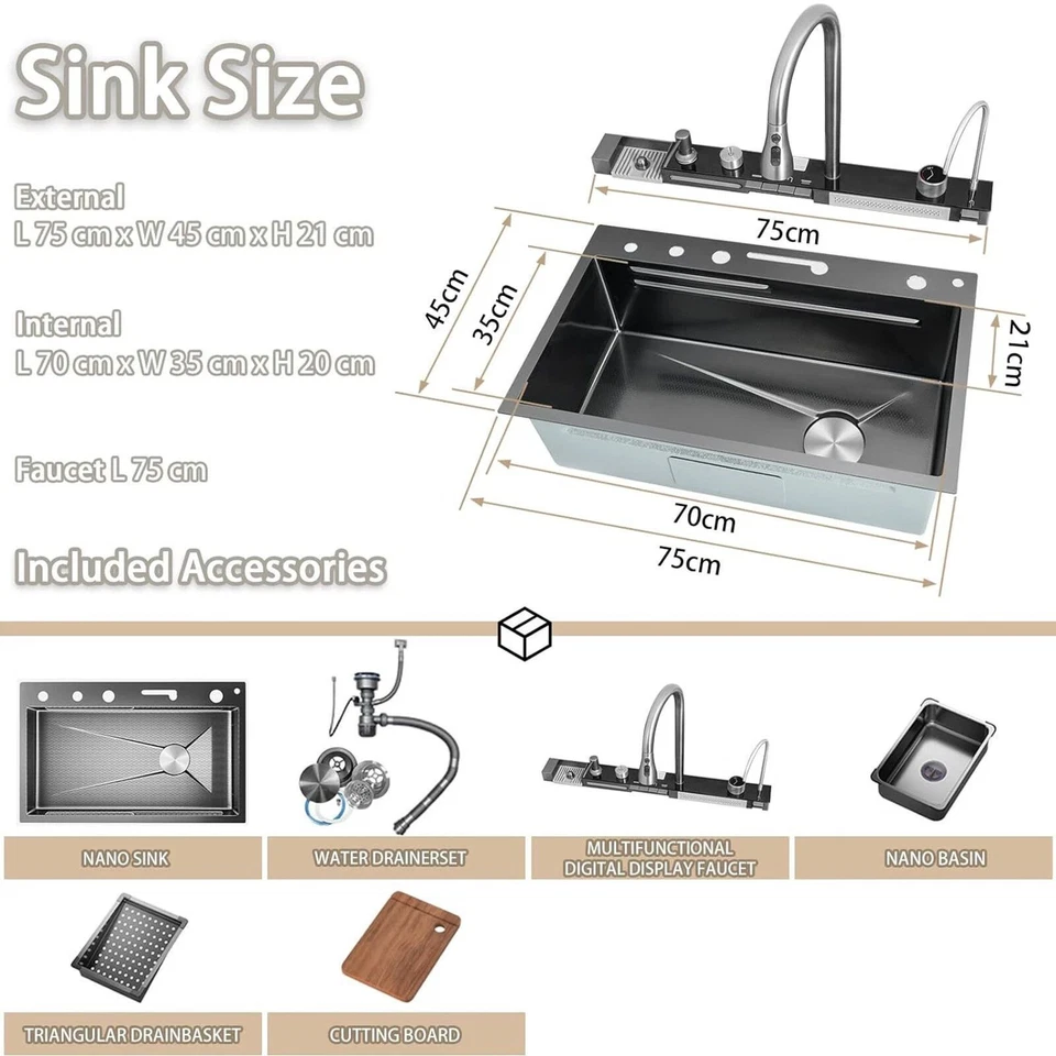 Küchenspüle Edelstahl Einbauspüle Spülbecken Wasserfallspüle Set mit Wasserhahn - Bild 2 von 4