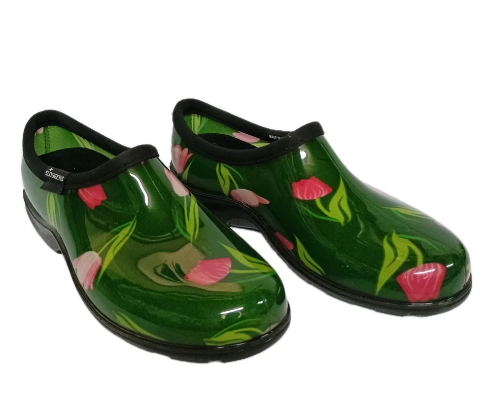 NEW Sloggers Green with PINK TULIP Low Top Garden Chicken Clogs Women SIZE 8 USA - Image 2 of 4