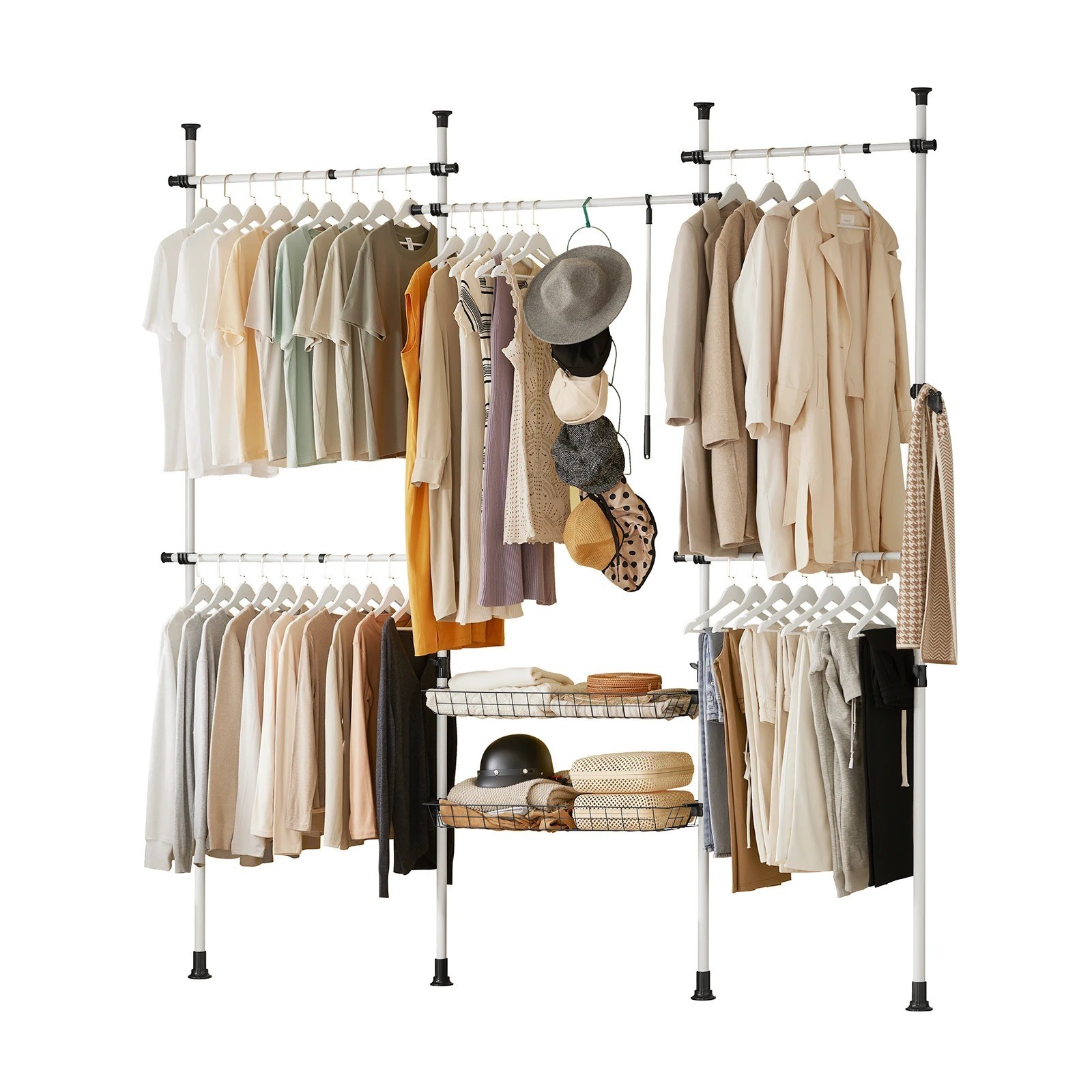 Dressing extensible sol plafond avec penderie 5 barres et 2 paniers de rangement