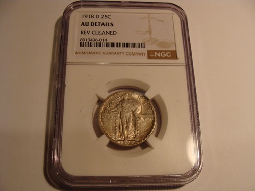 1918-D Standing Liberty quarter, AU details, NGC, showing Lady Liberty profile with “In God We Trust” and date at bottom.