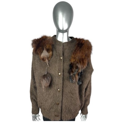 Brown ANGORA Sweater w/Brown FOX Trim, Sz XL-2XL, w/Storage Bag