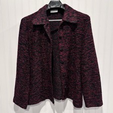Alfred Dunner Womens 16 Jacket Black Red Metallic Tweed Button Front Made in USA