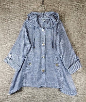 Sigrid Olsen Linen Blend Jacket Womens L Blue Striped Hooded Nautical Coastal