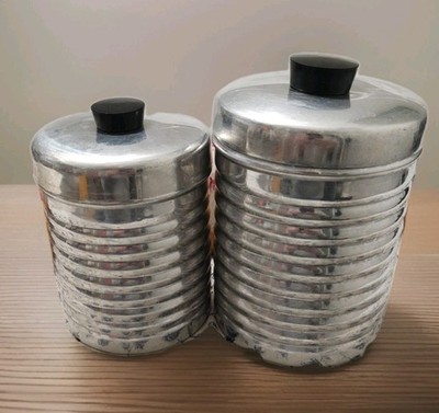 2 Aluminum 1950s Canisters ITALY Beehive Containers RIBBED Tea Coffee Vtg Retro 