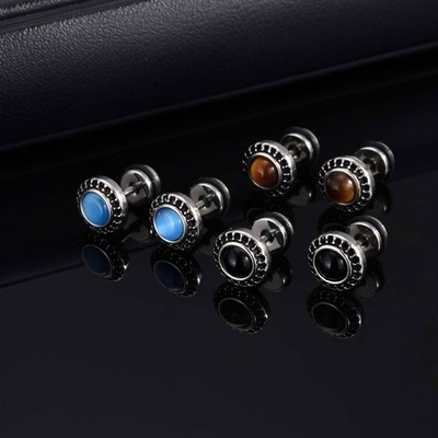 Herren Ohrring Schwarzer Achat Tigerauge Stein Nordischer Wikinger Ohrstecker
