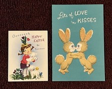Vintage Norcross Easter Susie Q Girl Lamb & Honey Bunny Kissing Anniversary Card