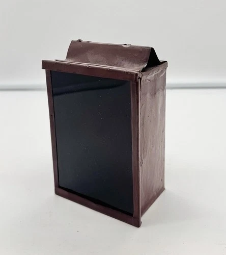 Antique Vintage Hand Held Rolled Tin Box Candle Lantern Slide Up Dark Glass