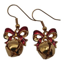 Christmas Jewelry Earrings GoldTone Jingle Bell Red Bows