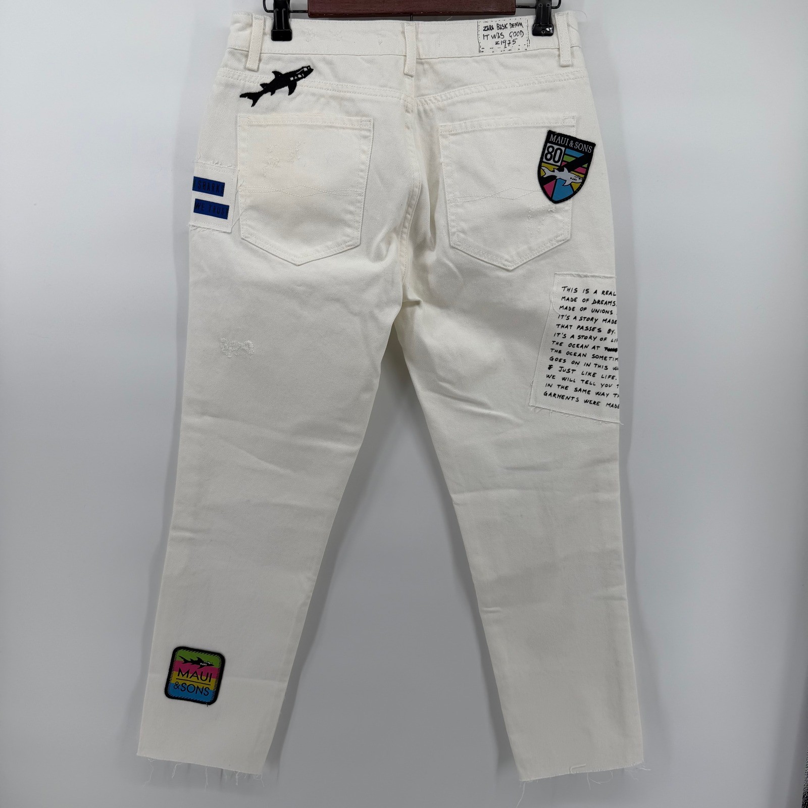 NWT Zara Maui & Sons Jeans Womens 6 White Multi Patch Distressed Raw Hem Limited image 3