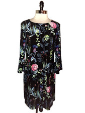 TOMMY HILFIGER Size 14 Shift Dress Black Blue Pink Floral Stretch Knit3/4 Sleeve