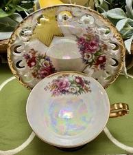 Beautiful Iridescent Footed Cup & Saucer w/ Gold Trim & Floral Pattern UNBRANDED