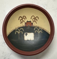 Vintage Handpainted Rustic Sheep and Farmhouse Wooden Folk Art Bowl Cottage Core