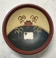 Vintage Handpainted Rustic Sheep and Farmhouse Wooden Folk Art Bowl Cottage Core