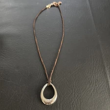 Premier Designs Silver Tone Teardrop Brown Cord Necklace Modernist Boho Retro