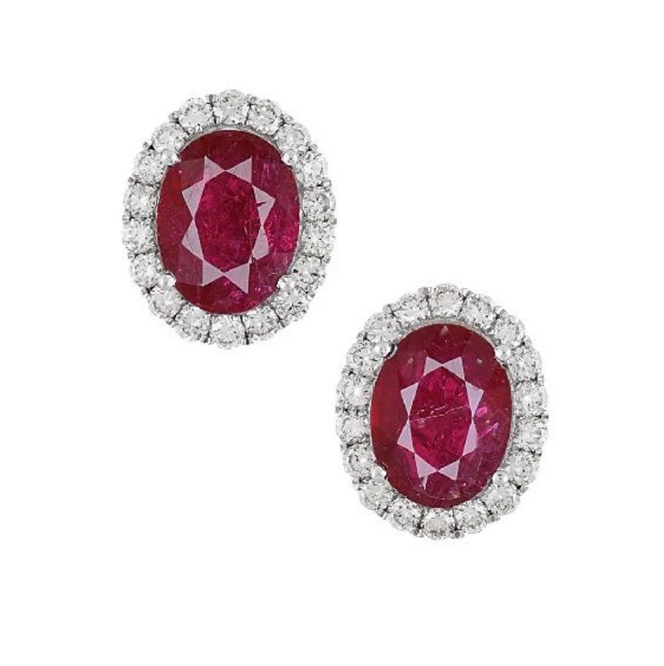Aretes de rubí ovalado natural GIA con halo de diamantes en oro blanco de 14 k -HM2569B