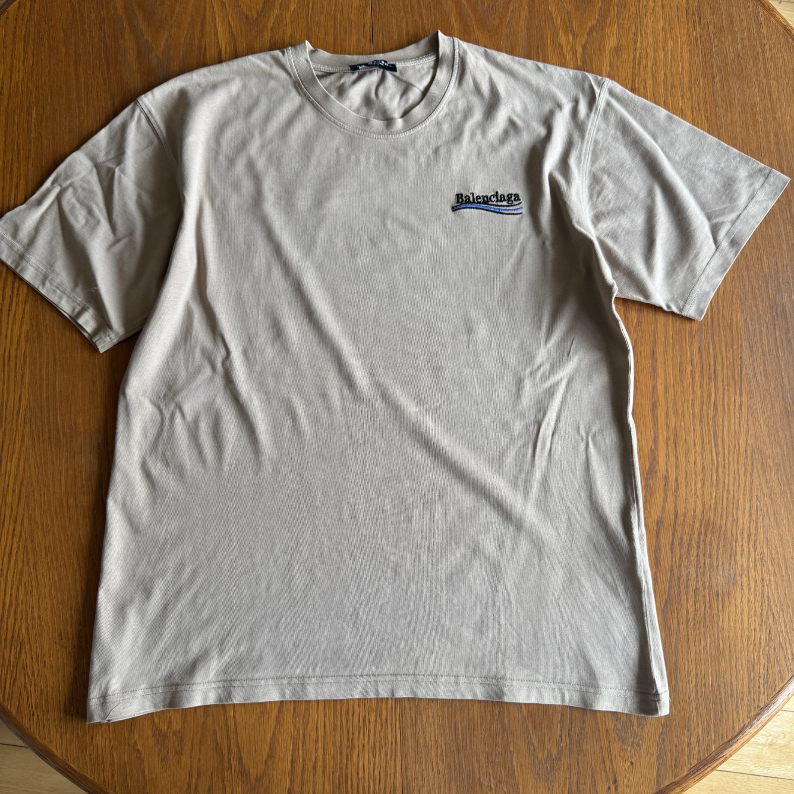 Balenciaga Unisex L T‑Shirt | Beige | Embroidered Wave Logo Front & Back