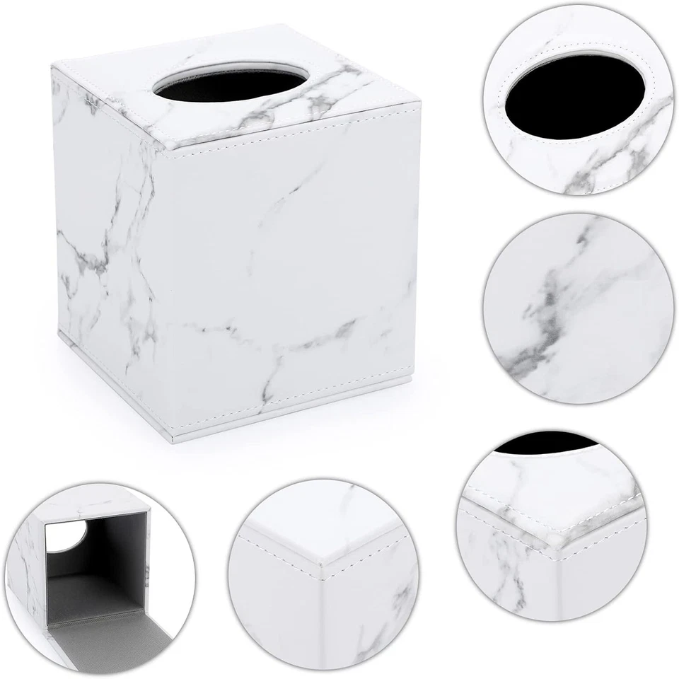 Cubierta de caja de pañuelos de cuero cuadrada - Elegante soporte para cubo con mármol magnético blanco Foto 4 de 4