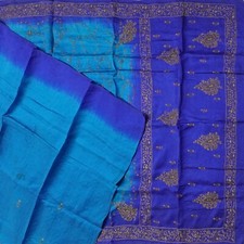 Vintage Blue Sarees 100 Pure Silk Hand Embroidered Sari 5YD Decor Craft Fabric