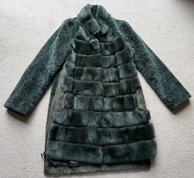 Womens Punto Saks Fifth Avenue Shearling Lambskin Real Rabbit Fur Coat Jacket XS