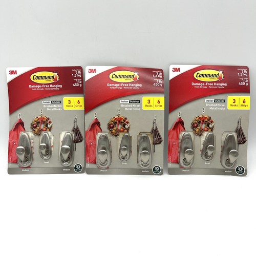 Command Metal Hooks Brushed Nickel Set 3 Indoor Outdoor Bath Kitchen ...