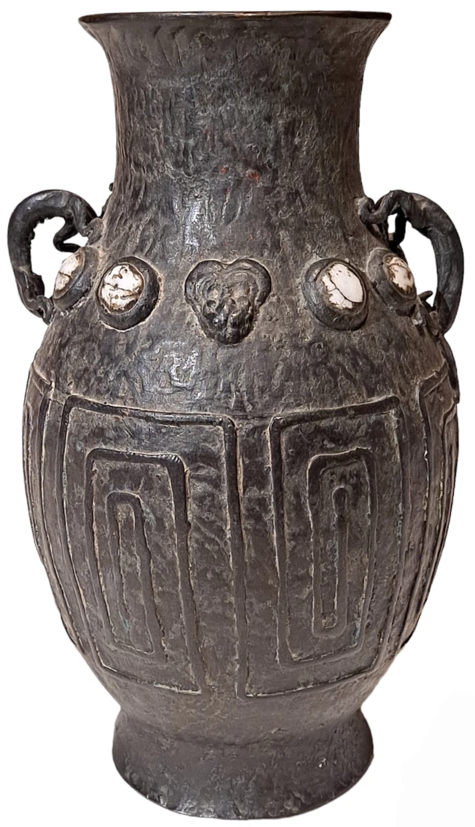 古銅七宝饕餮文耳付瓶⁄清朝時代-17世紀 銅製⁄七宝銅胎花器⁄中国古美術