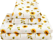 Floral Sheet Set Queen, Sunflower Printed Bed Sheets Queen, Cozy Double Brushed