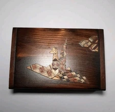 Japanese Inlaid Wood Box Origami Crane Yosegi Zaiku Wooden Marquetry 4" x 2.75"