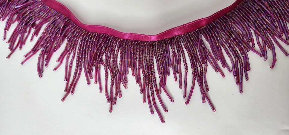 Fuchsia Beaded Fringe Trim – 9 Yards, 3” Width, Glass Beads, Used - Image 2 of 4