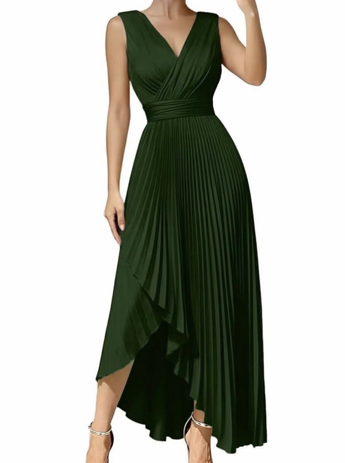 Women’s Green Pleated Satin Hi-Low Dress Sleeveless V-Neck Size 10 Wedding Guest